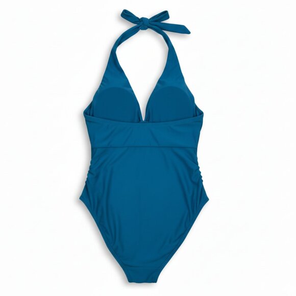 New | Halter Tummy Control Ruched One Piece Swimsuit Teal Plunge V Neck | Small - Picture 2 of 3